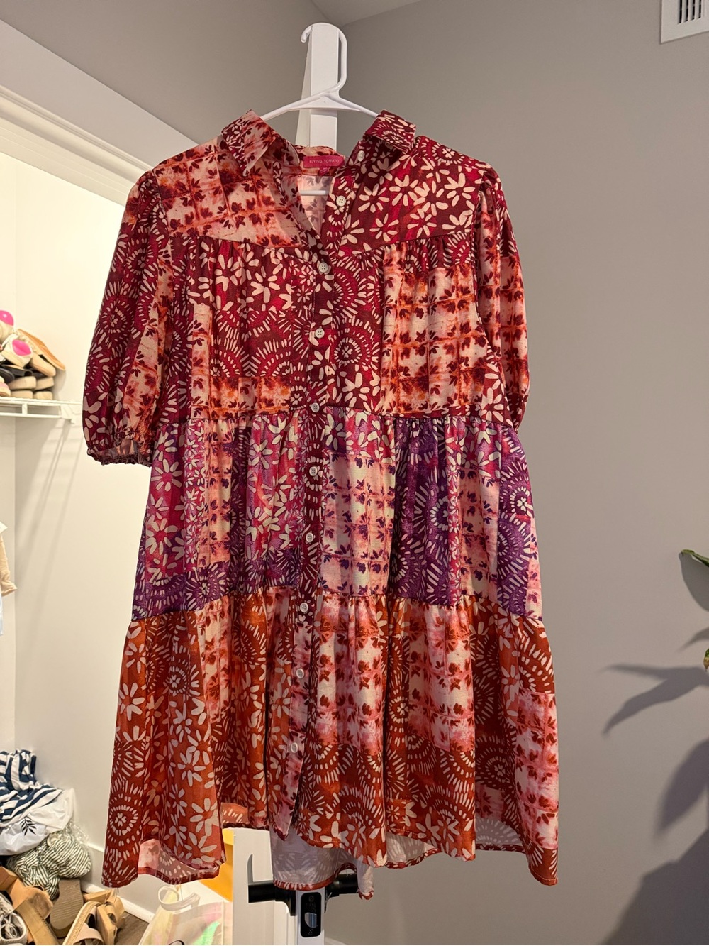 Flying Tomato Pink & Burgundy Patchwork Floral Tiered Dress